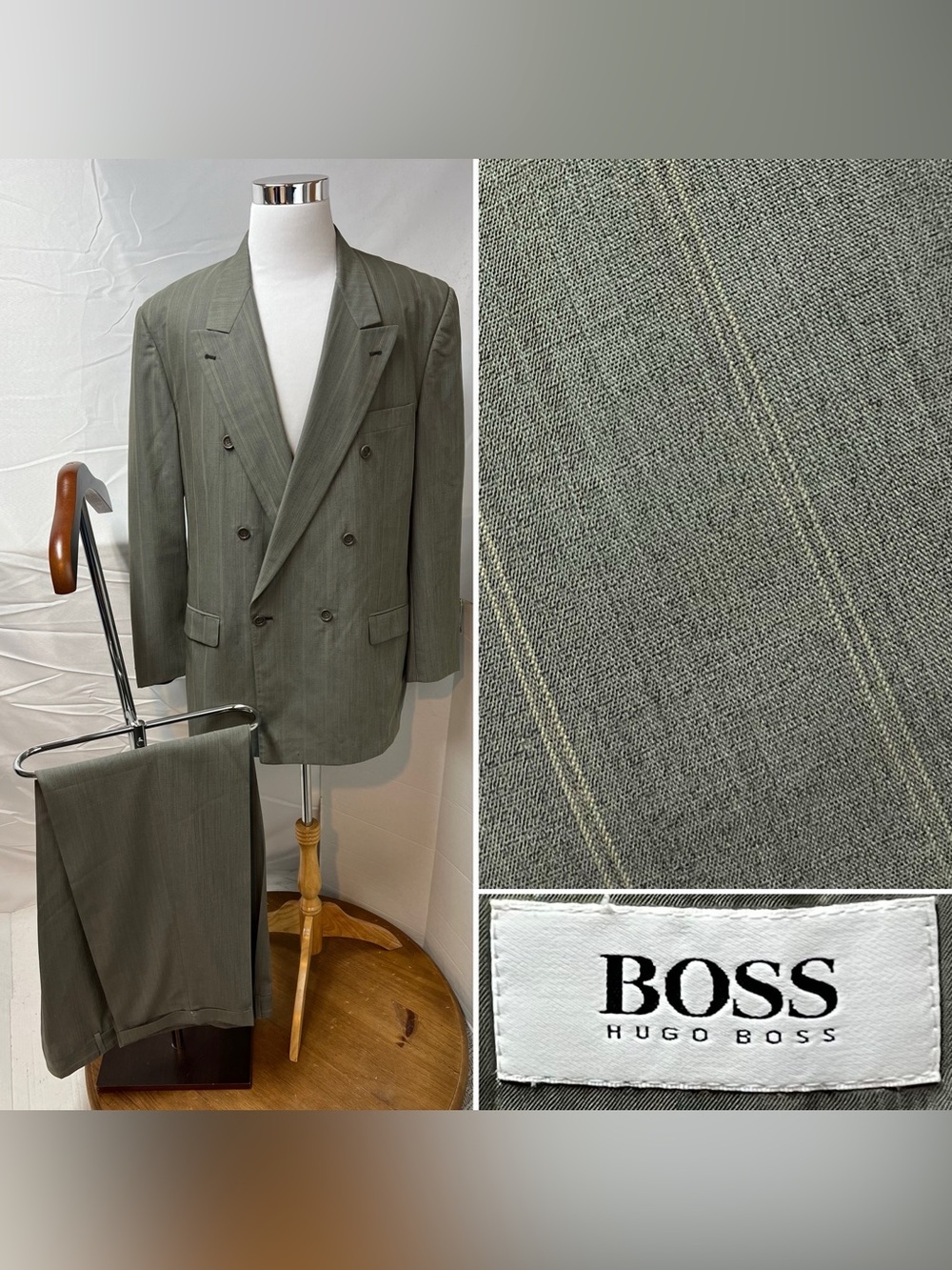 HUGO BOSS 44L Blazer 40x34 Pants Double Breasted Vintage Al Capone Gangster Suit